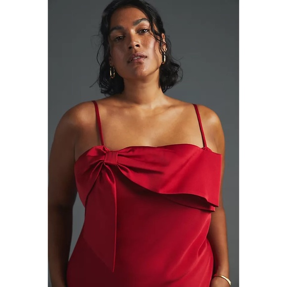 NWT ANTHROPOLOGIE BOW FRONT SLIP MIDI DRESS IN RED - Picture 6 of 10